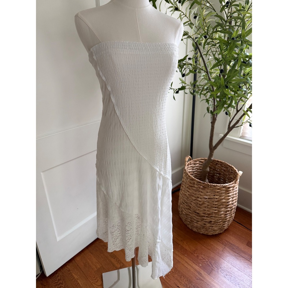 12th Tribe White Strapless Lace Hem Asymmetrical Midi Dress Small‎ NWT